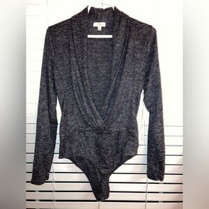 Chocolate USA Womens Long Sleeve V-Neck Bodysuit Large Charcoal Stretch Knit NWT